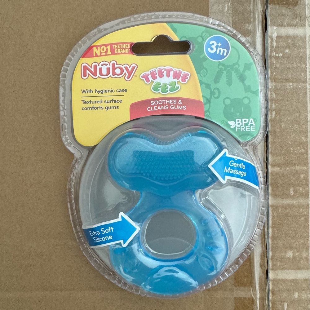 3 Nuby Silicone Teethe-EEZ Teether with Bristles, Includes Hygienic Case, Blue